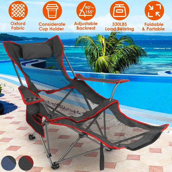 Foldable Camping Chair Collapsible Reclining Chair 330lbs Load Heavy Duty Steel Lawn Chair