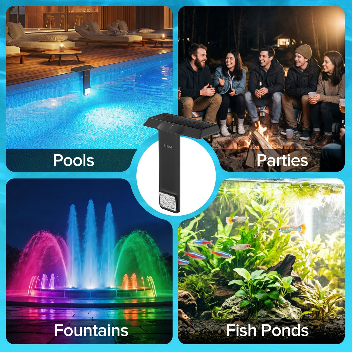 Sansi Solar Poolside Rgb Light With Remote Rechargeable IP68 Waterproof Pool Light For