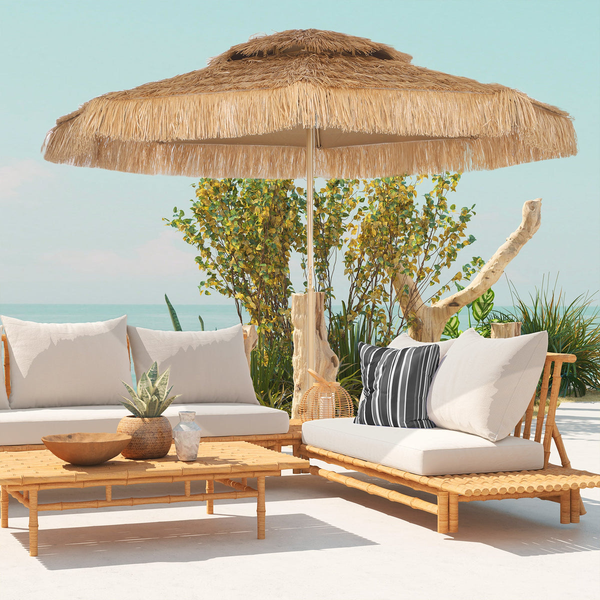 10 Ft Hula Thatched Tiki Patio Outdoor Umbrella With 8 Ribs UPF30 For Garden Backyard Deck