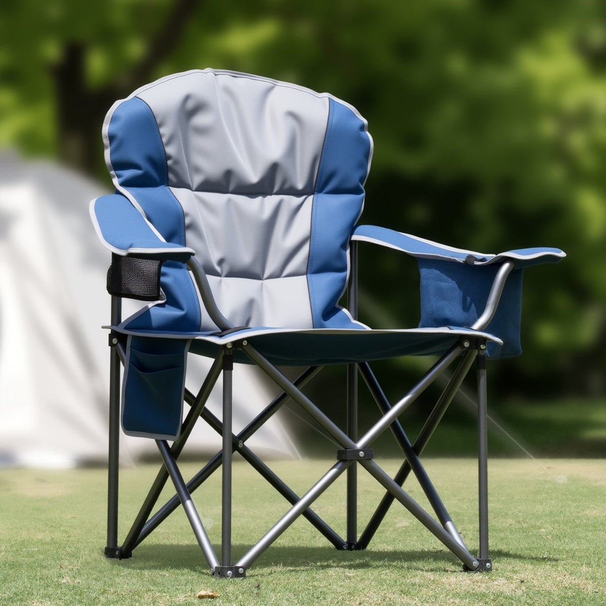 Oversized Camping Folding Chair Heavy Duty Padded Chair With Cup Holder Storage And Cooler Bag
