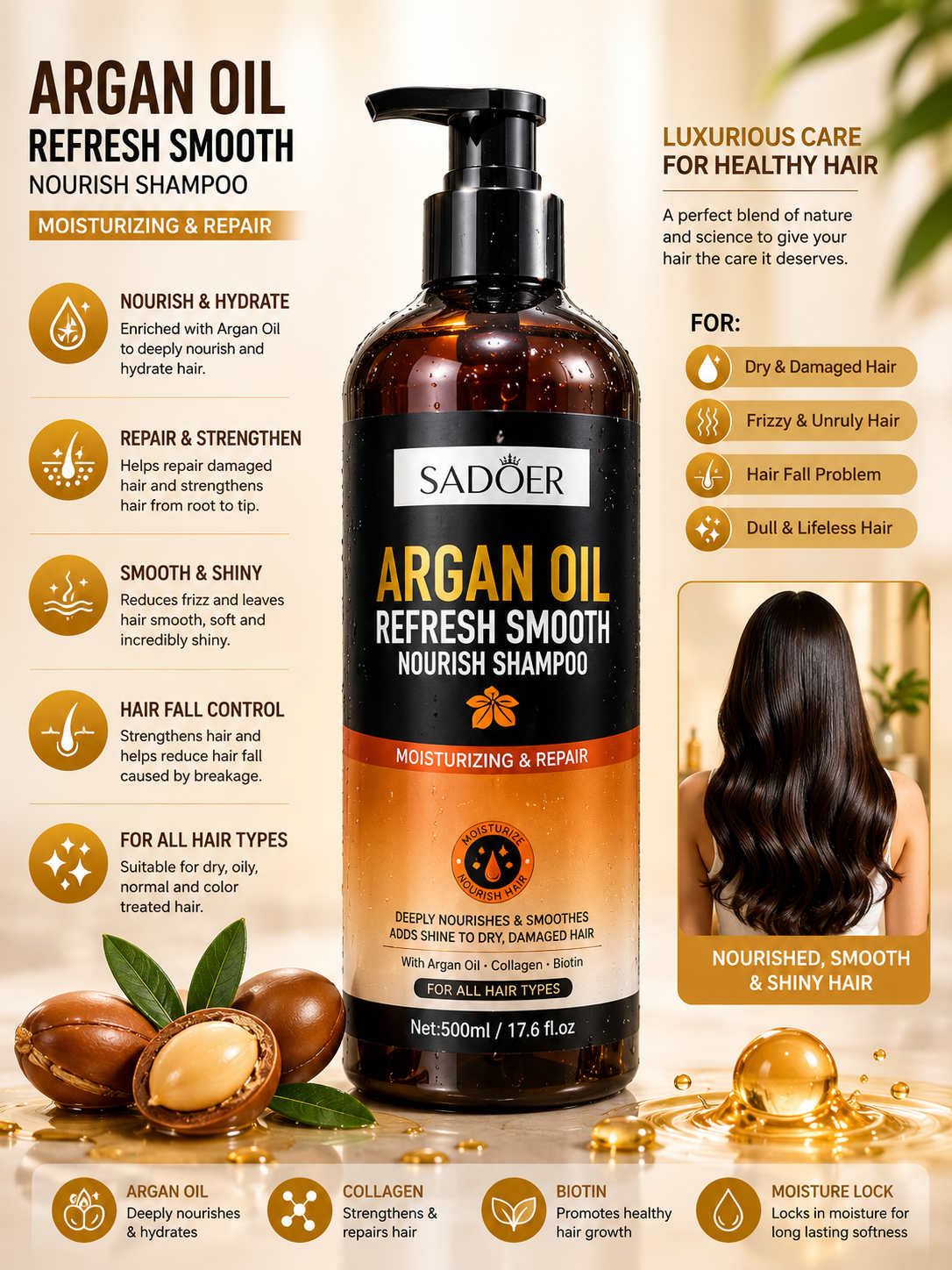 SADOER Argan Oil Refresh Smooth Shampoo – Hair Care Styling