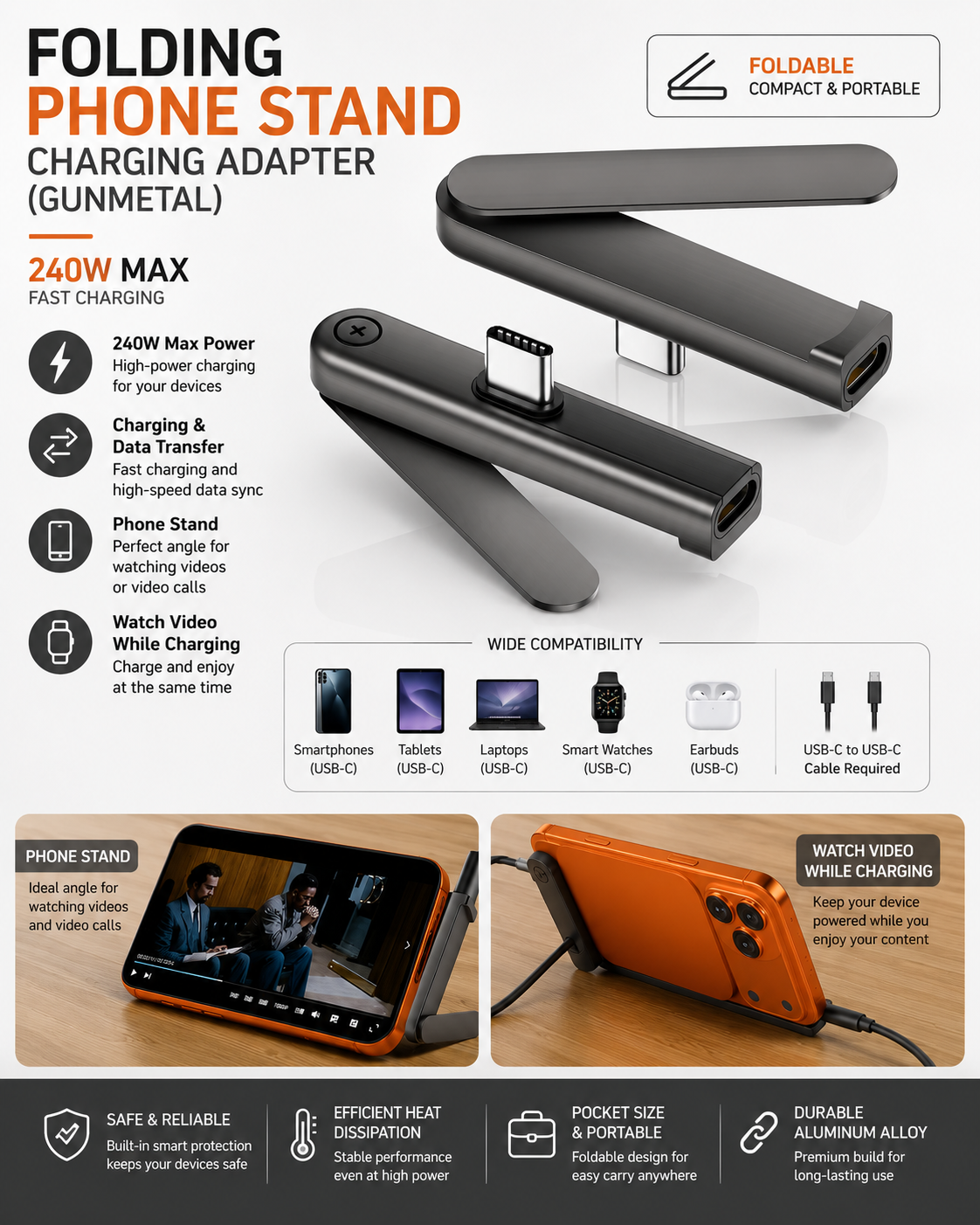 USB-C Foldable Phone Stand Adapter – Power Charging