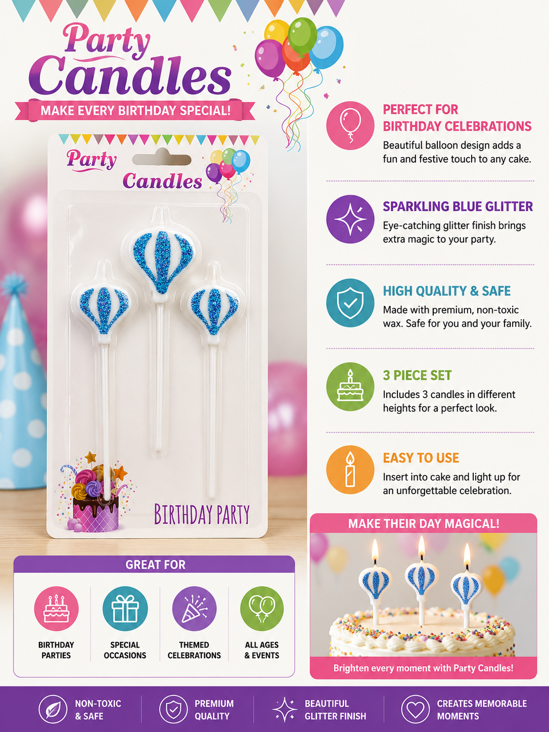 Glitter Balloon Cake Candles – Kids & Baby