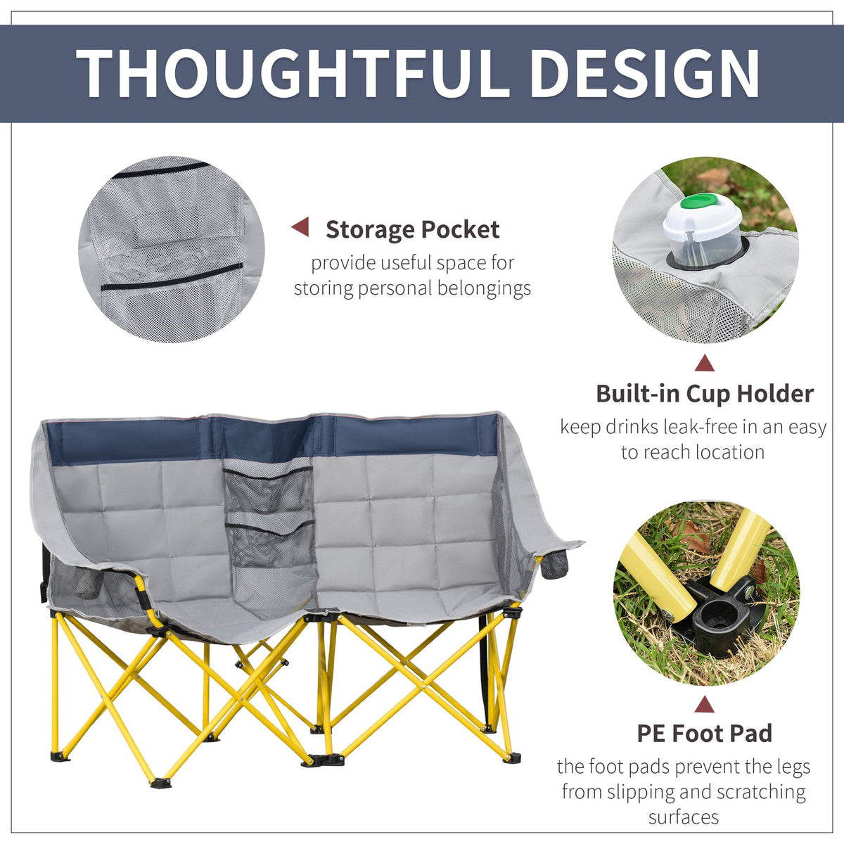Loveseat Style Camping Chair Oversized Folding Lawn Chair With Carry Bag Cup Holders For