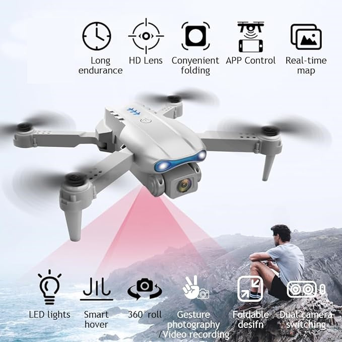E99 Foldable Drone with Camera – 720p HD, 360° Flips & LED Lights