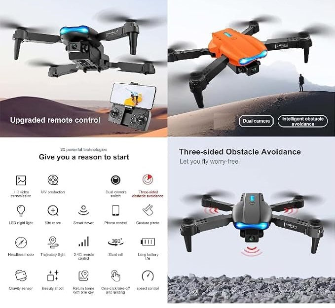 E99 Foldable Drone with Camera – 720p HD, 360° Flips & LED Lights