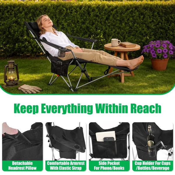 Reclining Camping Chair With Footrest 4 Position Adjustable Outdoor Folding Chair Heavy Duty