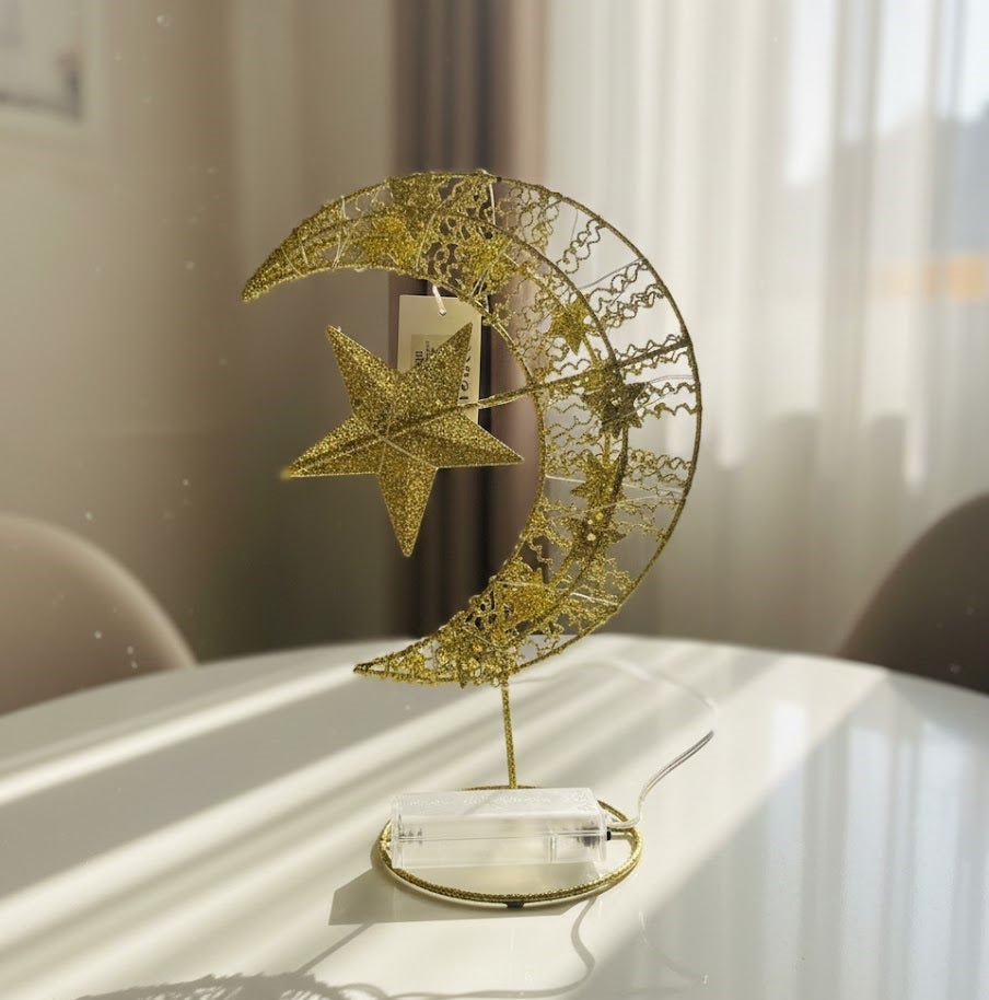 Gold Crescent Moon & Star LED Table Décor Light