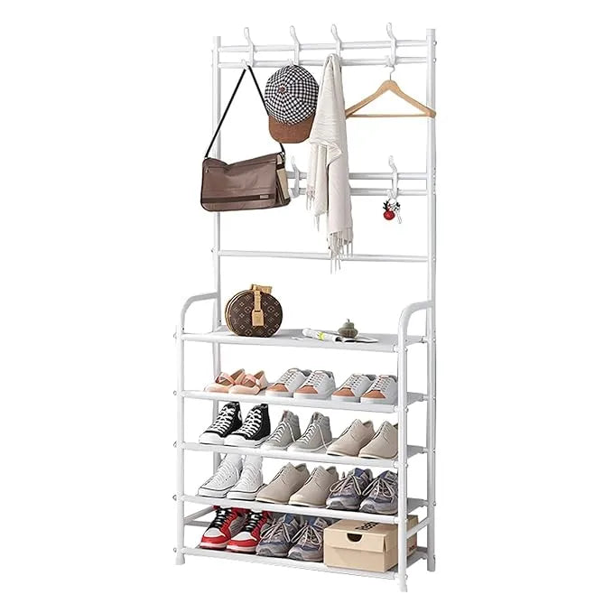 Multi-Functional Shoe & Hat Rack | 4-Tier Metal Shelf with Hooks