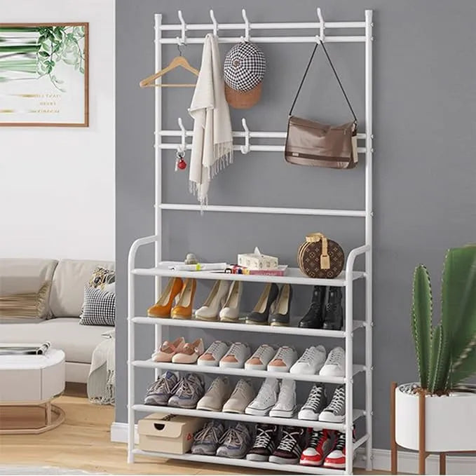 Multi-Functional Shoe & Hat Rack | 4-Tier Metal Shelf with Hooks