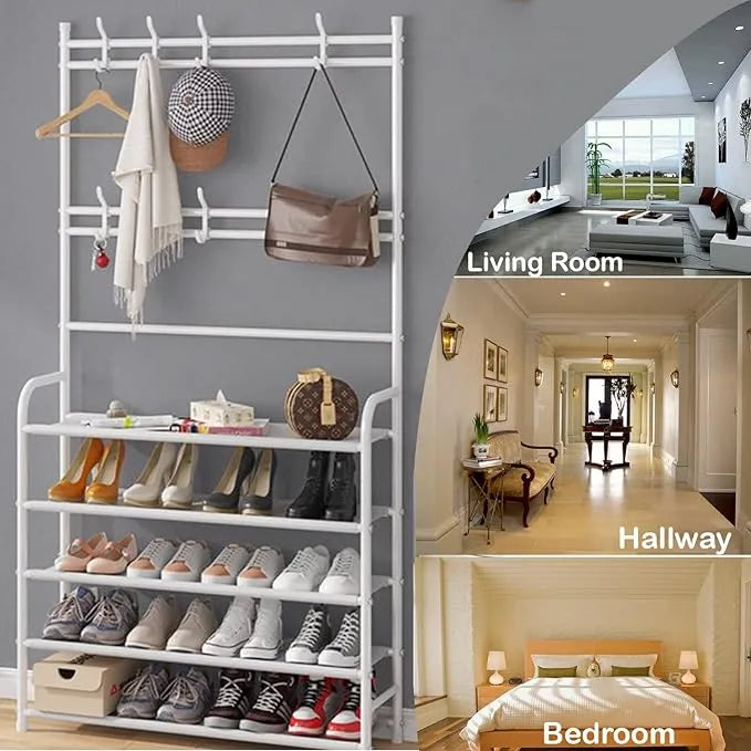 Multi-Functional Shoe & Hat Rack | 4-Tier Metal Shelf with Hooks
