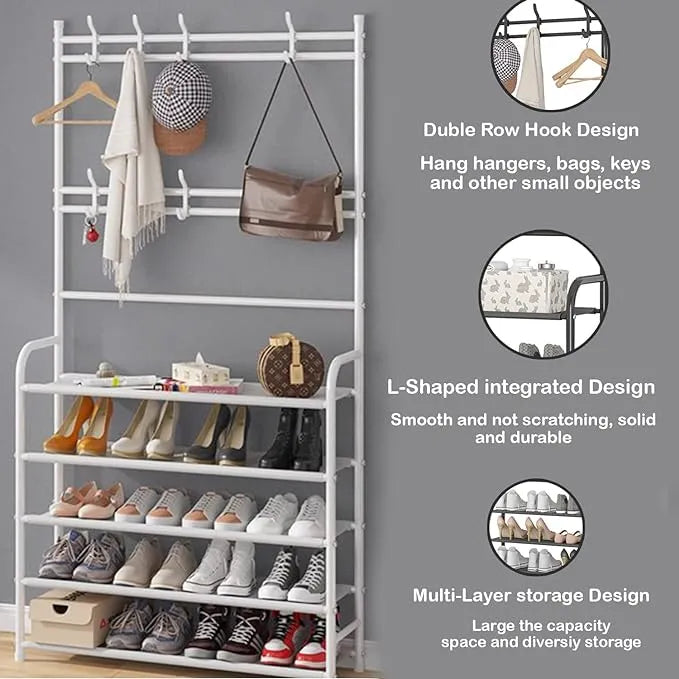 Multi-Functional Shoe & Hat Rack | 4-Tier Metal Shelf with Hooks