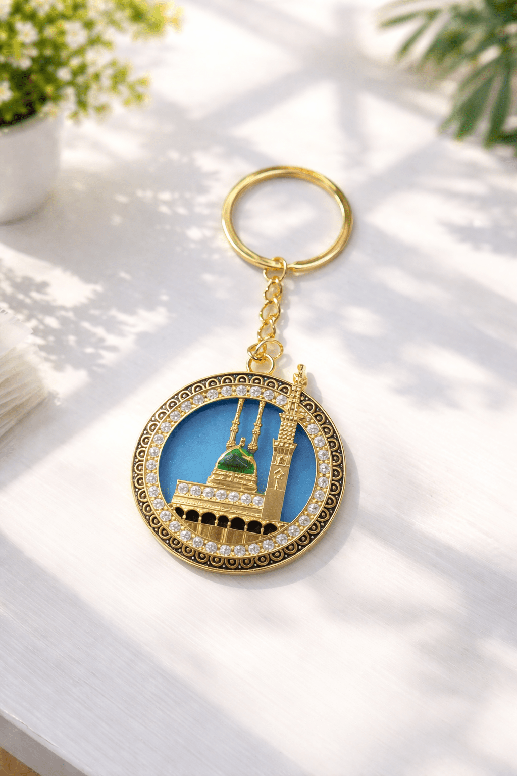 Masjid-e-Nabawi Round Rhinestone Keychain – Islamic Collection