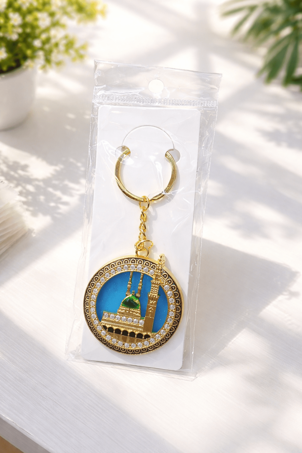 Masjid-e-Nabawi Round Rhinestone Keychain – Islamic Collection