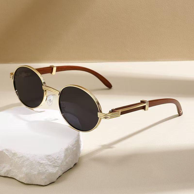 Metal Oval-Frame Sunglasses With A Wood-Grain Finish